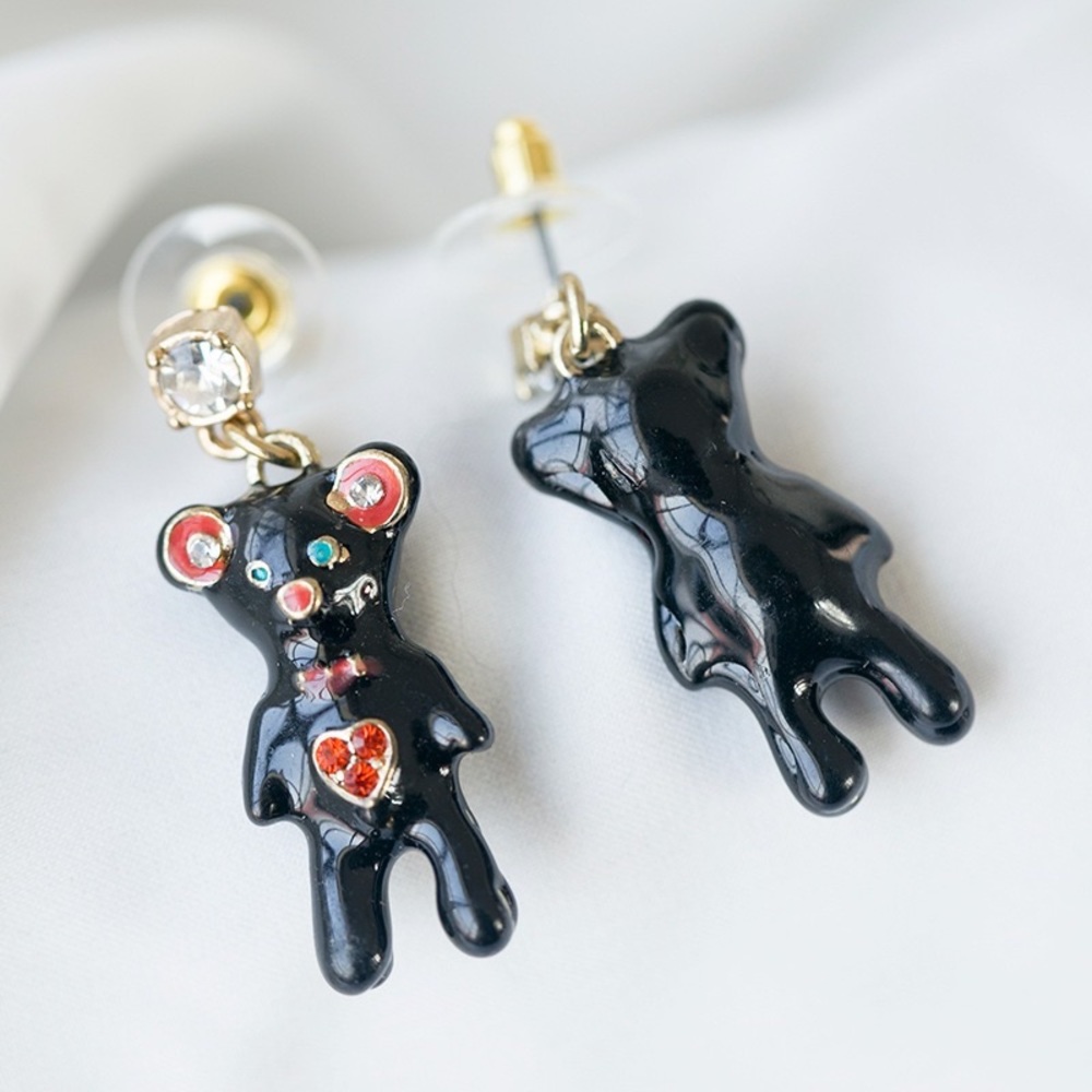 Betsey Johnson Black and Red Bear Earrings with Gold Details